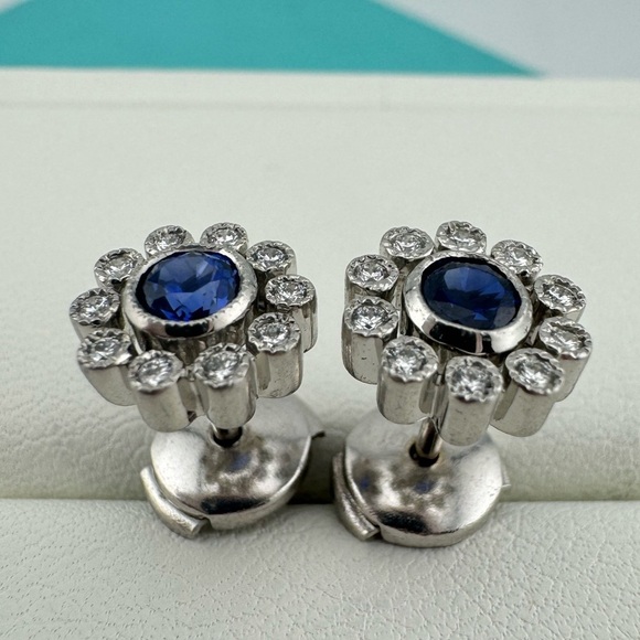 RARE Tiffany & Co. Sapphire & Diamond Platinum Flower Earrings - Picture 1 of 9